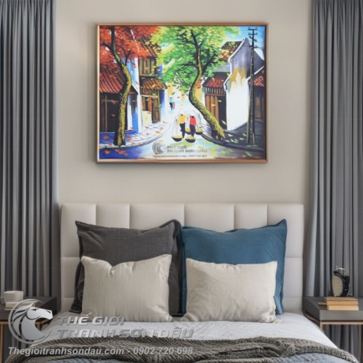 Tranh Phố Cổ 2 Phụ Nữ Đang Gánh Hàng Sơn Dầu 60x80cm Sang Trọng 