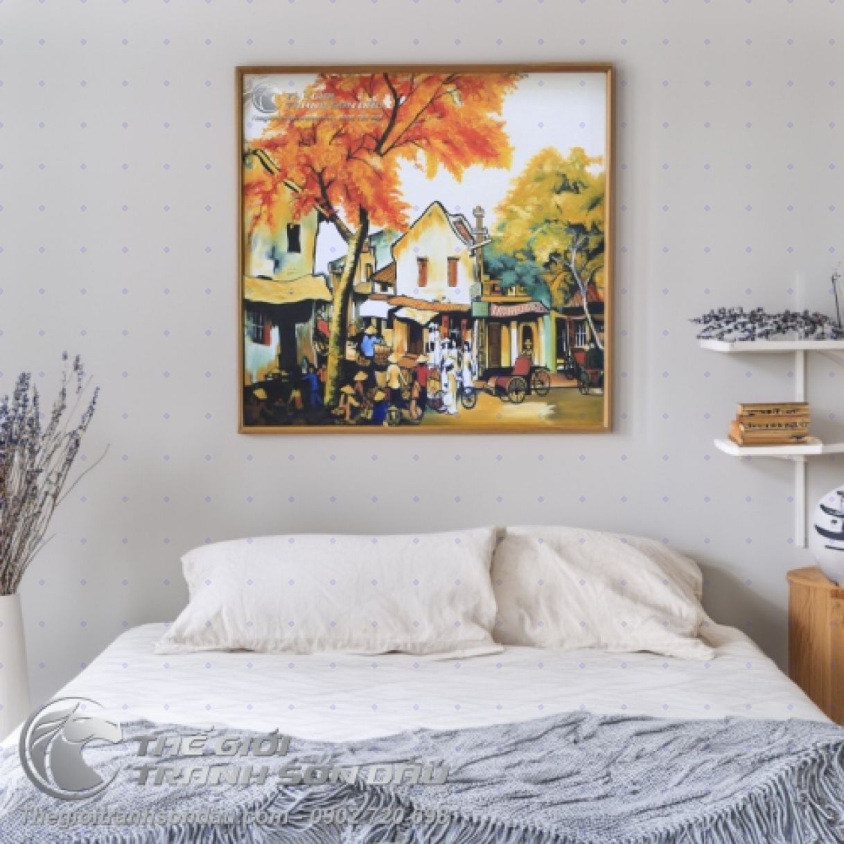 Tranh Sơn Dầu Phố Cổ Mùa Thu Vuông 60x60cm 
