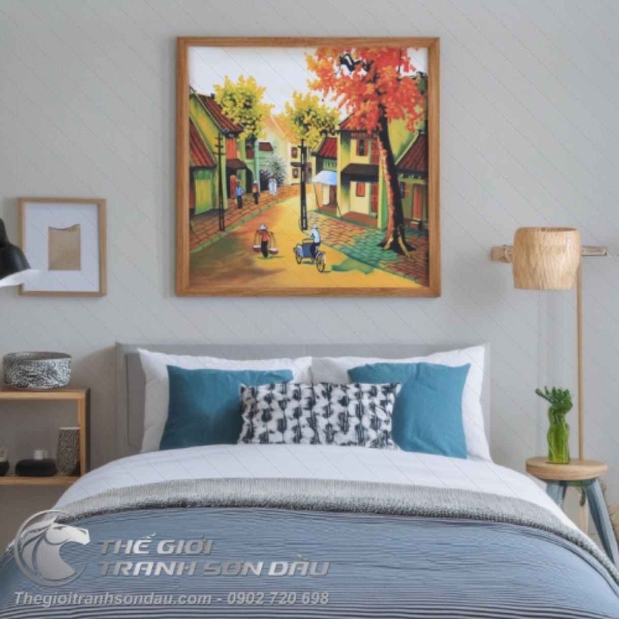 Tranh Sơn Dầu Phố Cổ Mùa Thu Vàng Độc Bản Kích Thước 60x60cm 