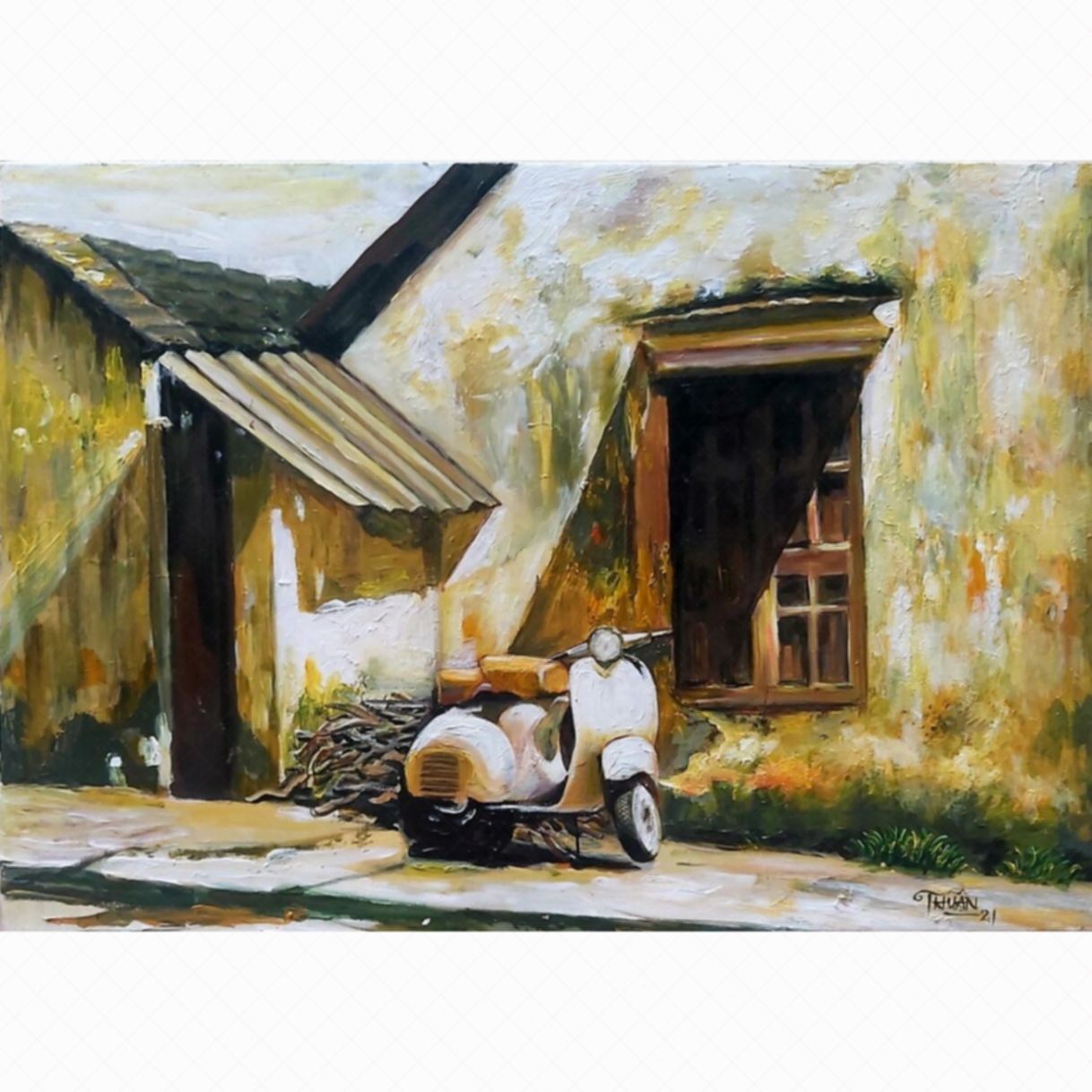Tranh ngõ nhỏ phố nhỏ hoài niệm acrylic độc bản kích thước vừa 