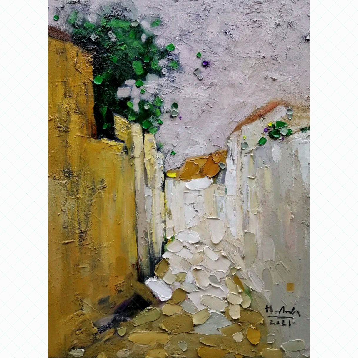 Tranh sơn dầu ngõ nhỏ toan khổ 80x60cm chân thực sinh động 