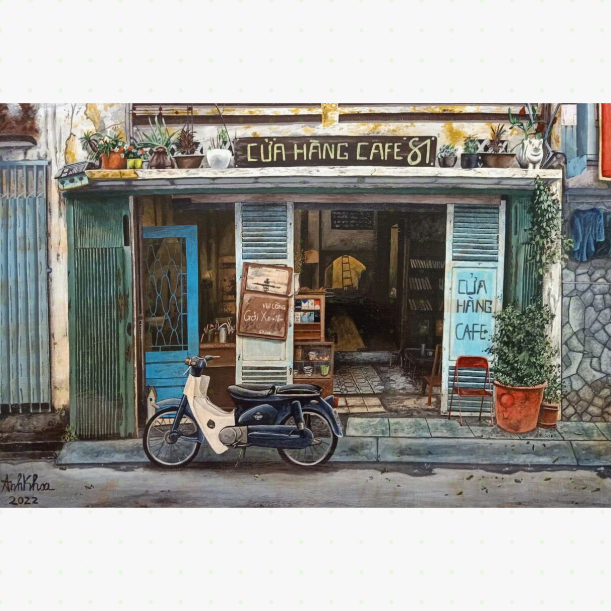 Tranh Ngõ Nhỏ phố nhỏ tiệm cafe cũ acrylic 40x60cm tranh họa sĩ 