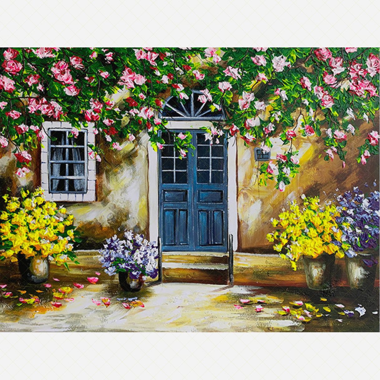 Tranh Phong Cảnh Hiên Nhà Bên Cửa Sổ Vẽ Tay Sơn Dầu Canvas Khung Composite 