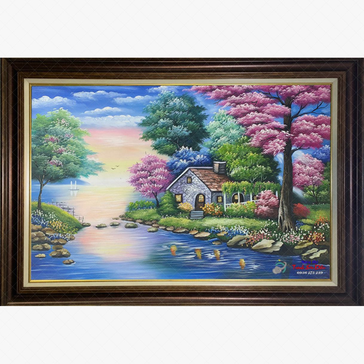 Tranh Phong Cảnh Hồ Nước Châu Âu Vẽ Tay Sơn Dầu Canvas Khung Composite 