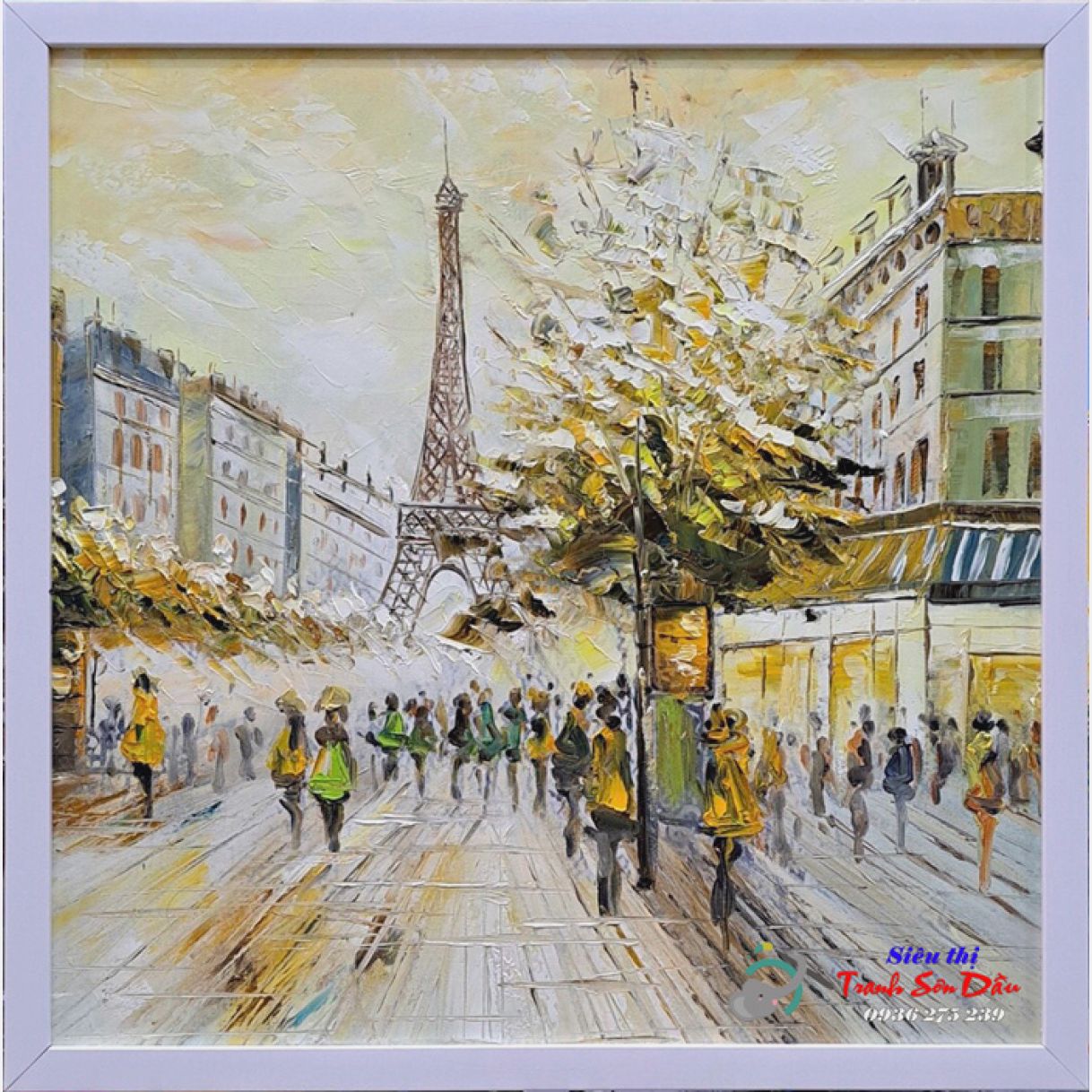 Tranh Sơn Dầu Phong Cảnh Dưới Tháp Eiffel Vẽ Tay 60cm Khung Gỗ Đẹp 