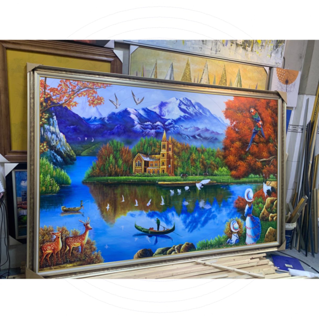 Tranh Sơn Dầu Phong Cảnh Hồ Nước Làng Quê Châu Âu Bình Yên Vẽ Tay 