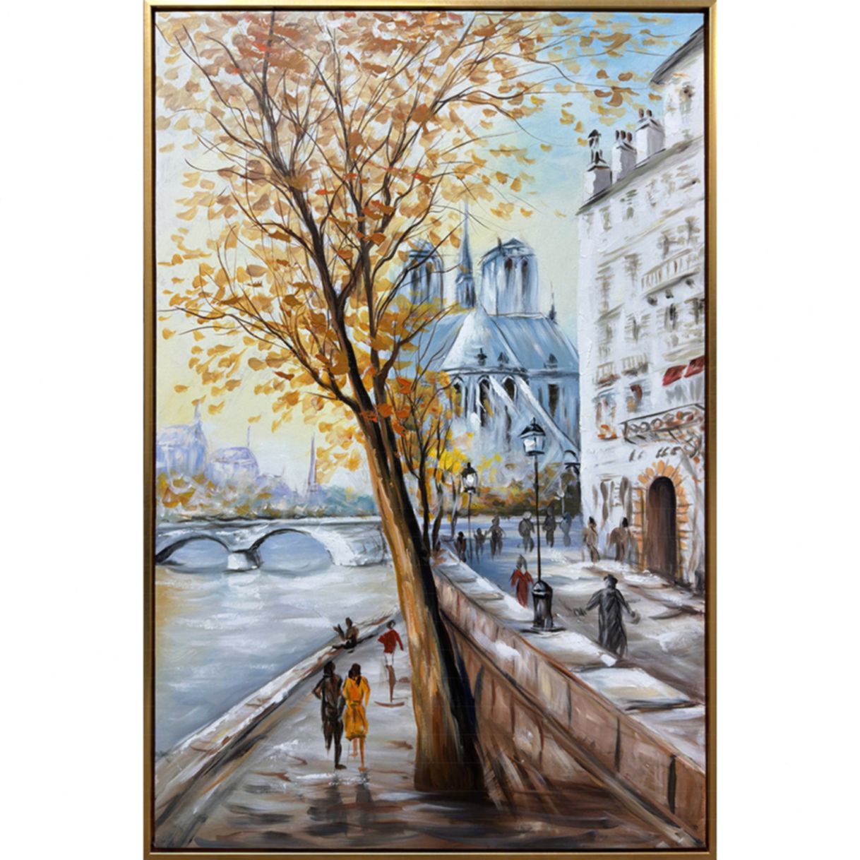 Tranh Sơn Dầu Góc Phố Paris Mùa Lá Vàng Vẽ Tay 100% 