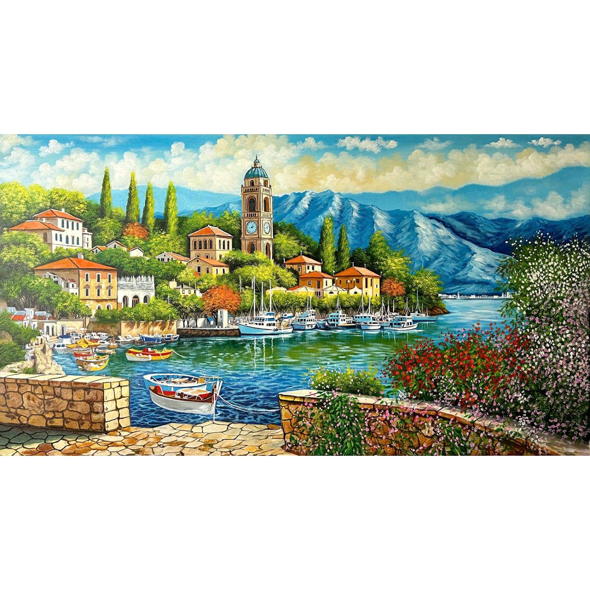 Tranh Sơn Dầu Thành Phố Biển Italy Canvas Vẽ Tay 60x80cm 
