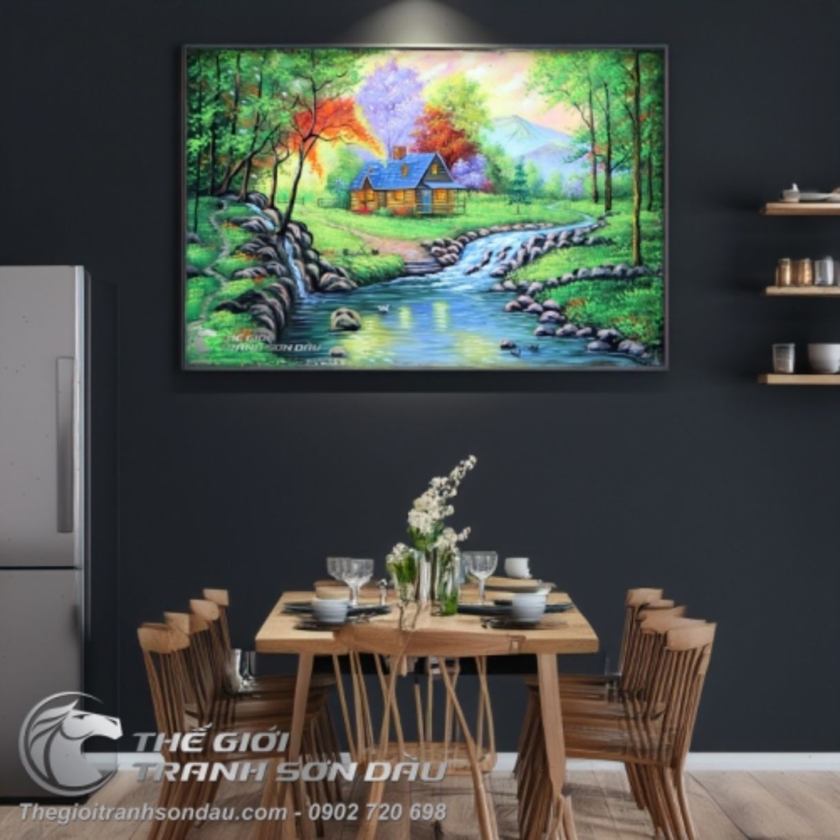 Tranh Phong Cảnh Ngôi Nhà Bên Dòng Suối Sơn Dầu Đa Sắc 60x90cm 