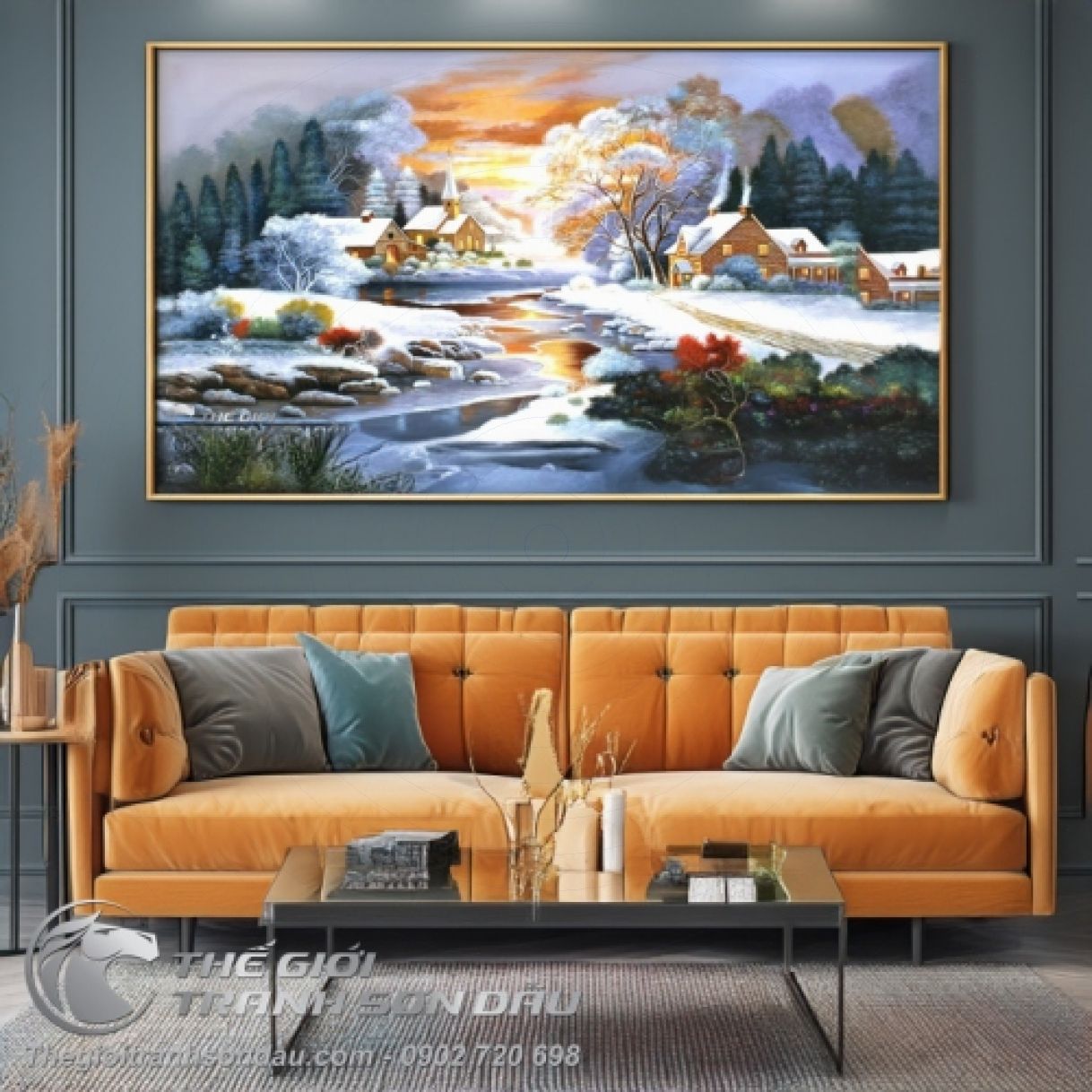 Tranh Phong Cảnh Bình Minh Mùa Đông Sơn Dầu Khung 7cm 90x180cm 