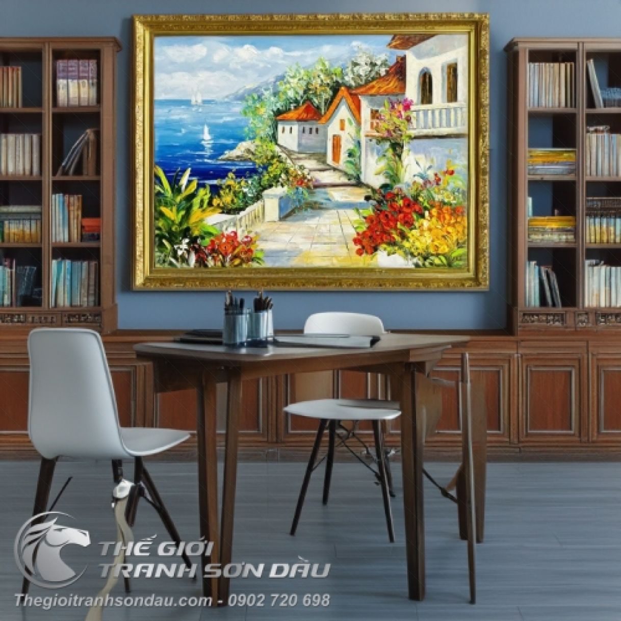 Tranh Sơn Dầu Châu Âu Góc Phố Bên Bờ Biển 60x80cm Khung 8cm 