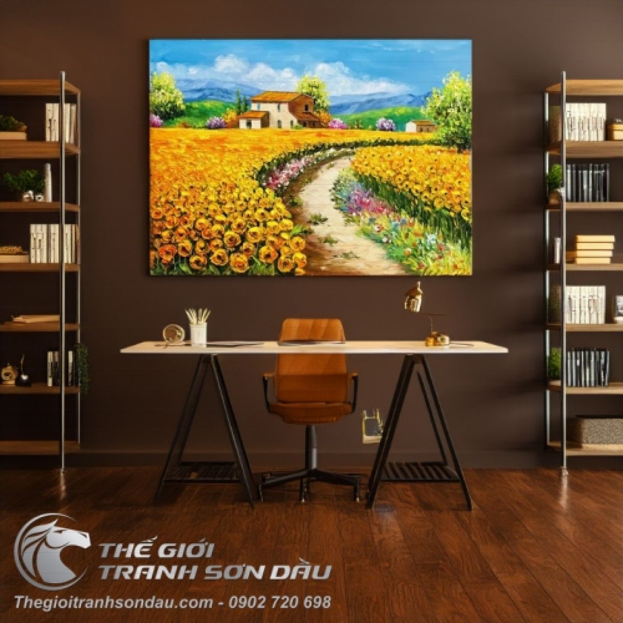 Tranh Sơn Dầu Ngôi Nhà Giữa Vườn Hoa Đẹp Đa Màu 60x80cm 