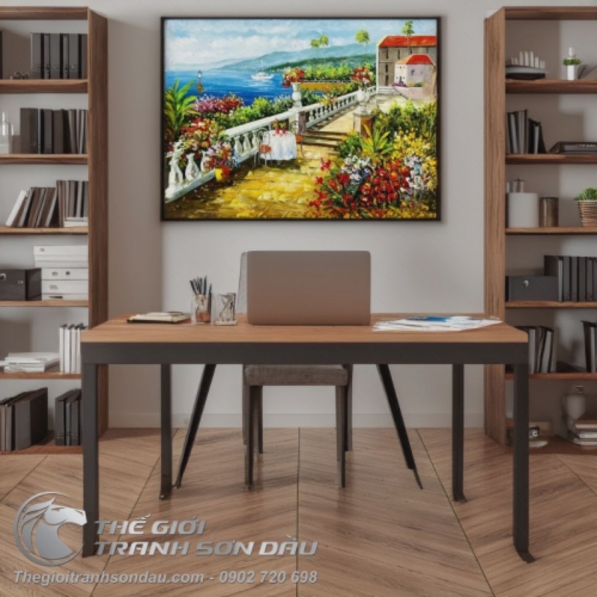 Tranh Sơn Dầu Quán Cafe Địa Trung Hải 60x80cm Khung 8cm 