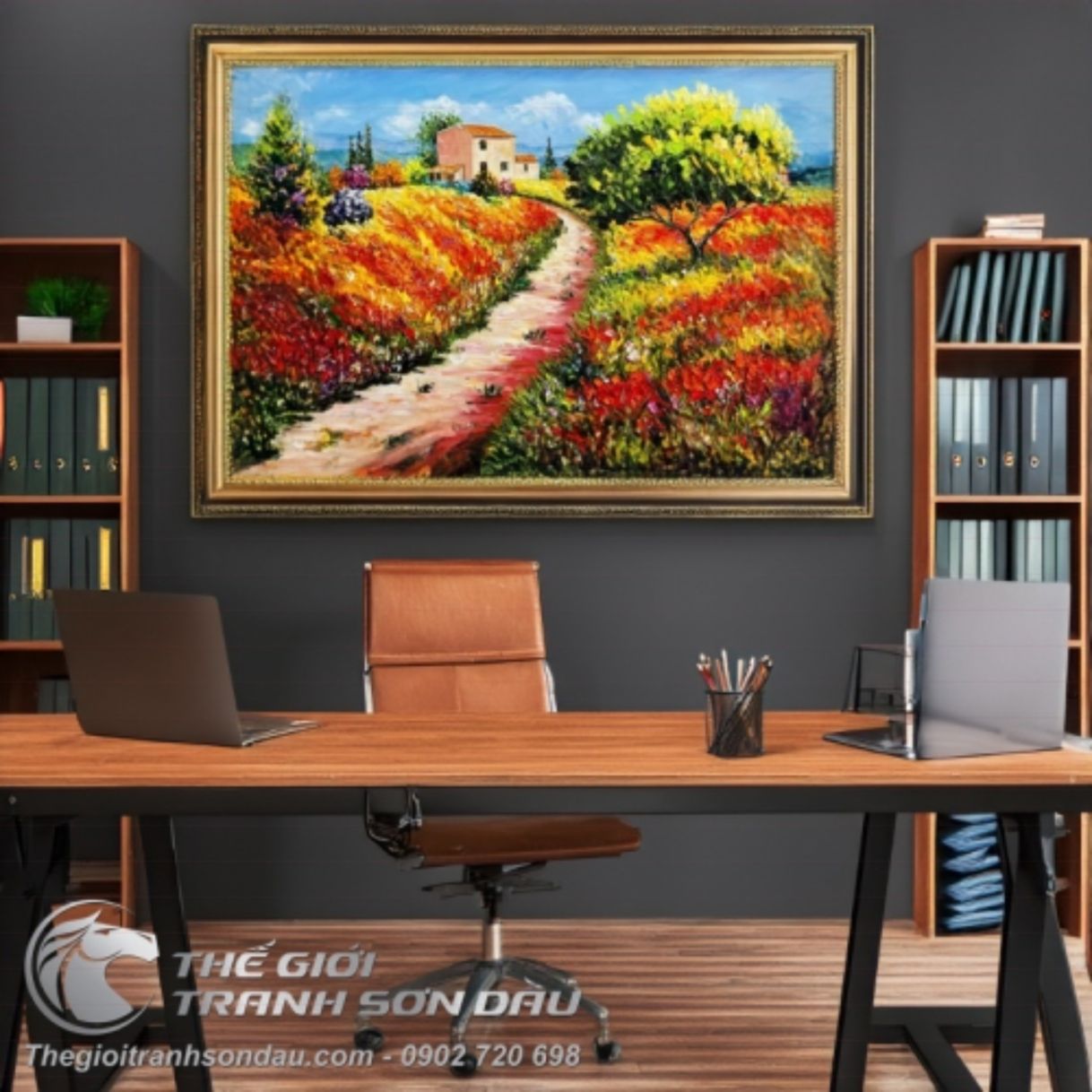 Tranh Sơn Dầu Phong Cảnh Con Đường Hoa 60x80cm Khung 8cm Đẹp 