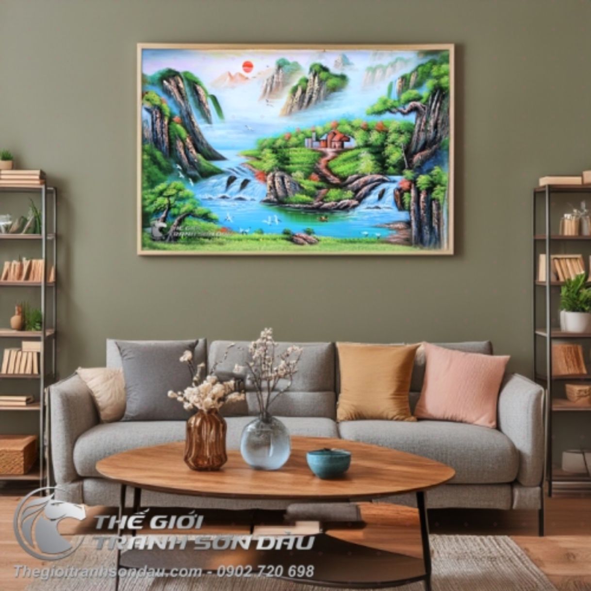 Tranh Phong Cảnh Sơn Thủy Ánh Mặt Trời Sơn Dầu Đa Sắc 60x90cm Khung 7cm 