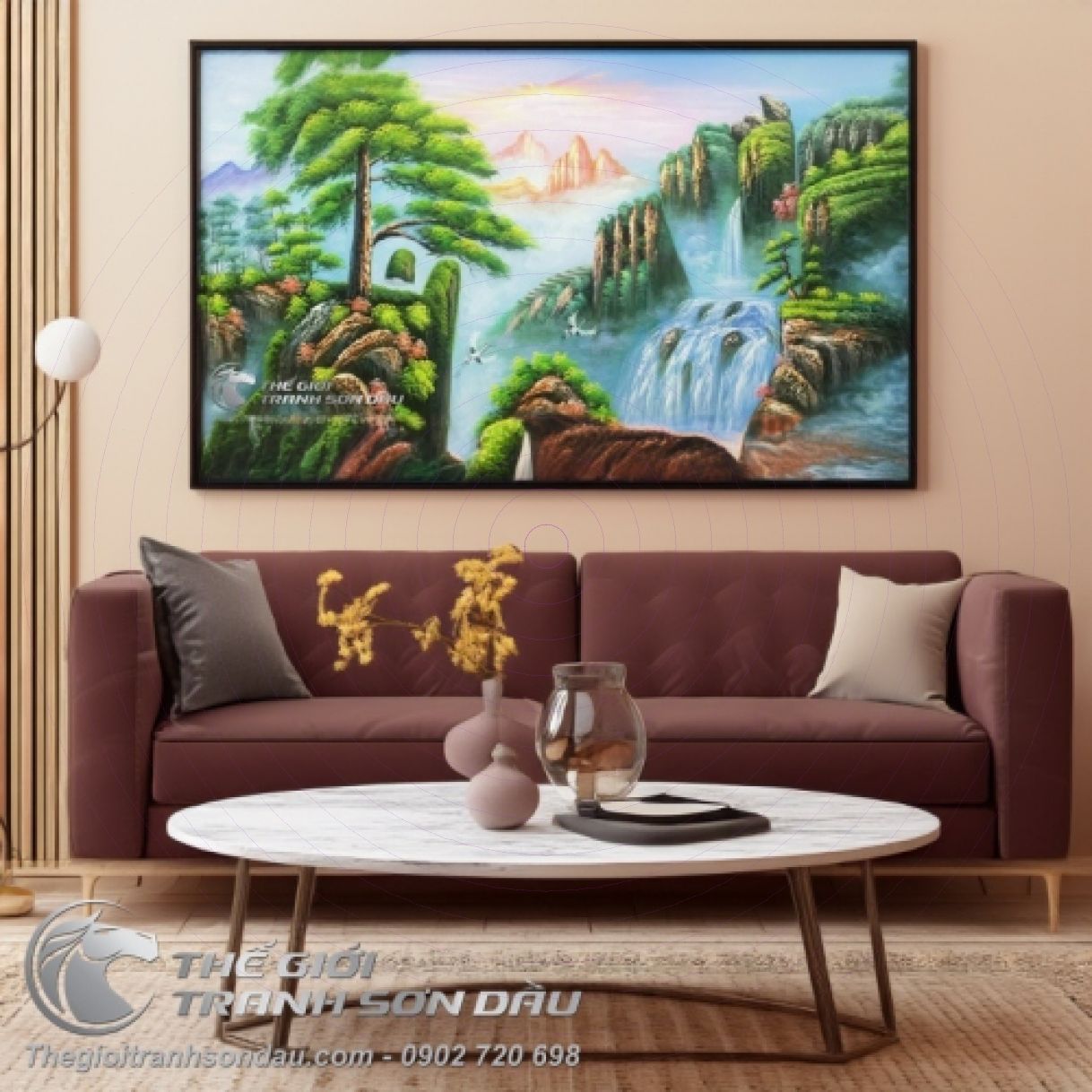 Tranh sơn dầu sơn thủy cây tùng núi lớn màu sắc hài hòa 