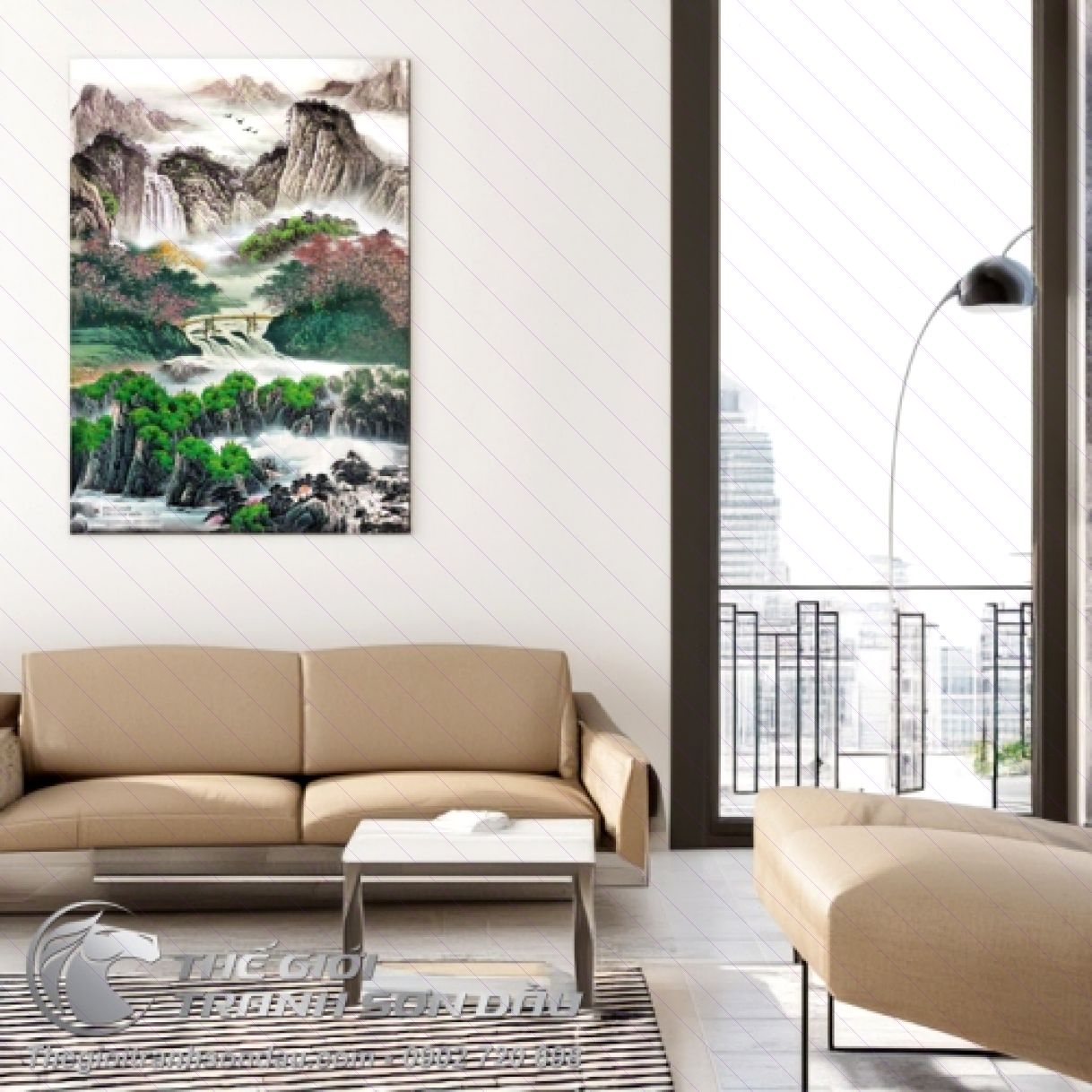 Tranh Thủy Mặc Sơn Thủy Mùa Xuân Đẹp Đa Sắc 60x120cm 