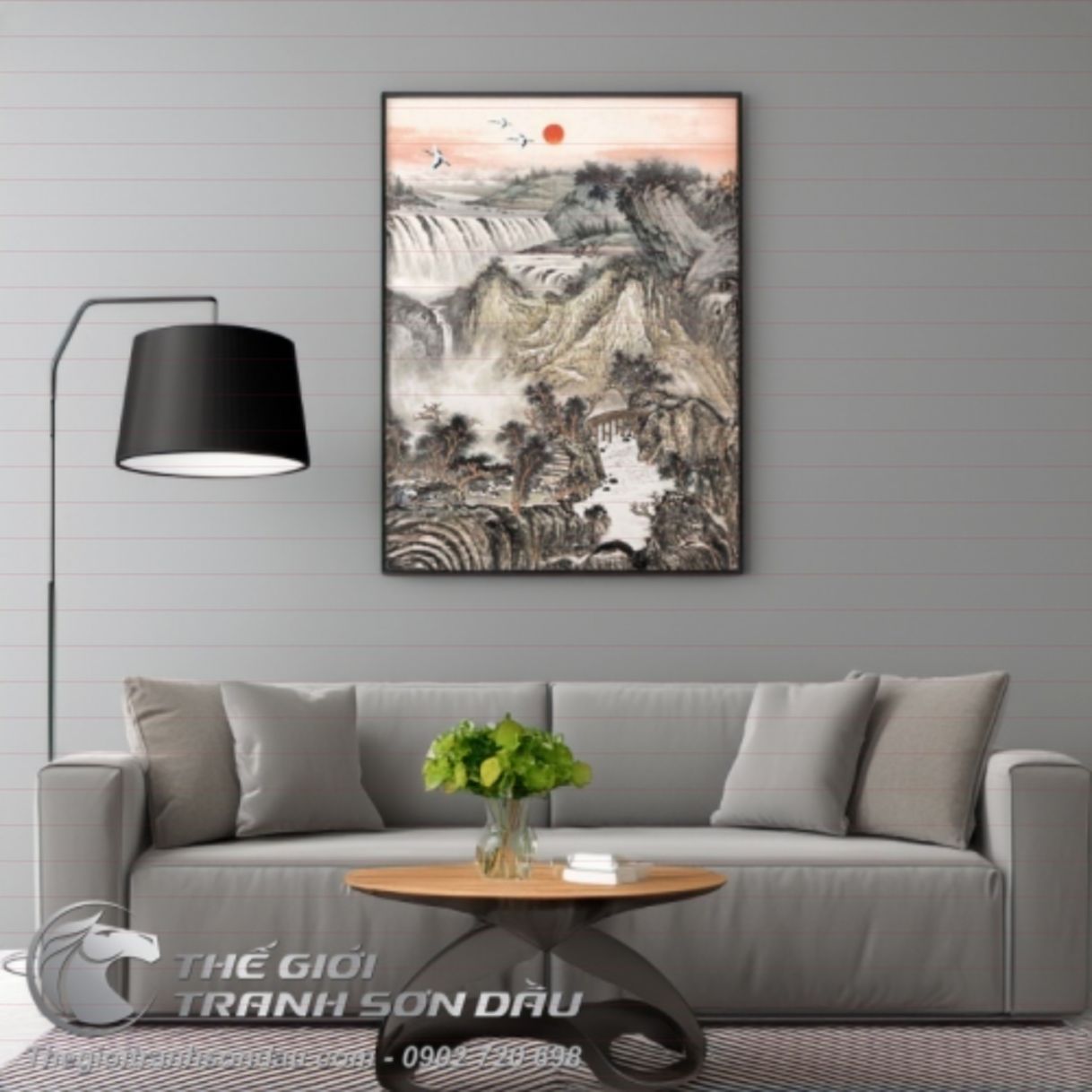 Tranh Thủy Mặc Thác Đá Hoang Sơ Hạc Về Sơn Dầu 80x120cm 