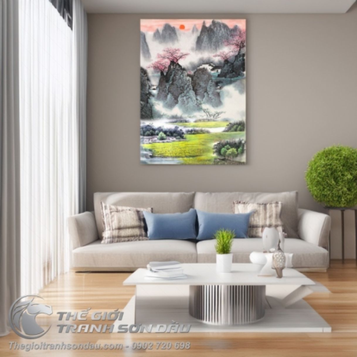 Tranh Sơn Dầu Thủy Mặc Xuân Về Trên Vách Đá 80x120cm Đẹp 