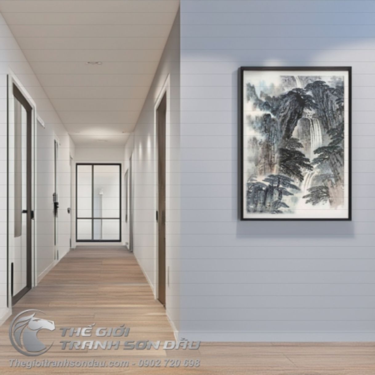 Tranh Sơn Dầu Thủy Mạc Thác Đổ Núi Cao 60x90cm Đa Sắc Màu 
