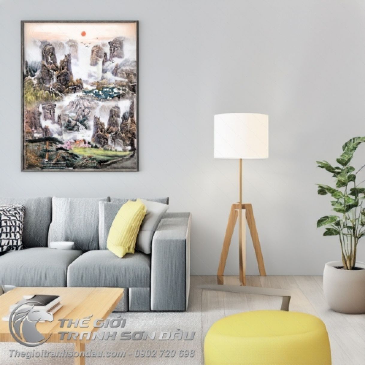 Tranh Thủy Mặc Cuộc Sống Bình Yên Núi Cao Sơn Dầu Kích Thước 60x120cm 