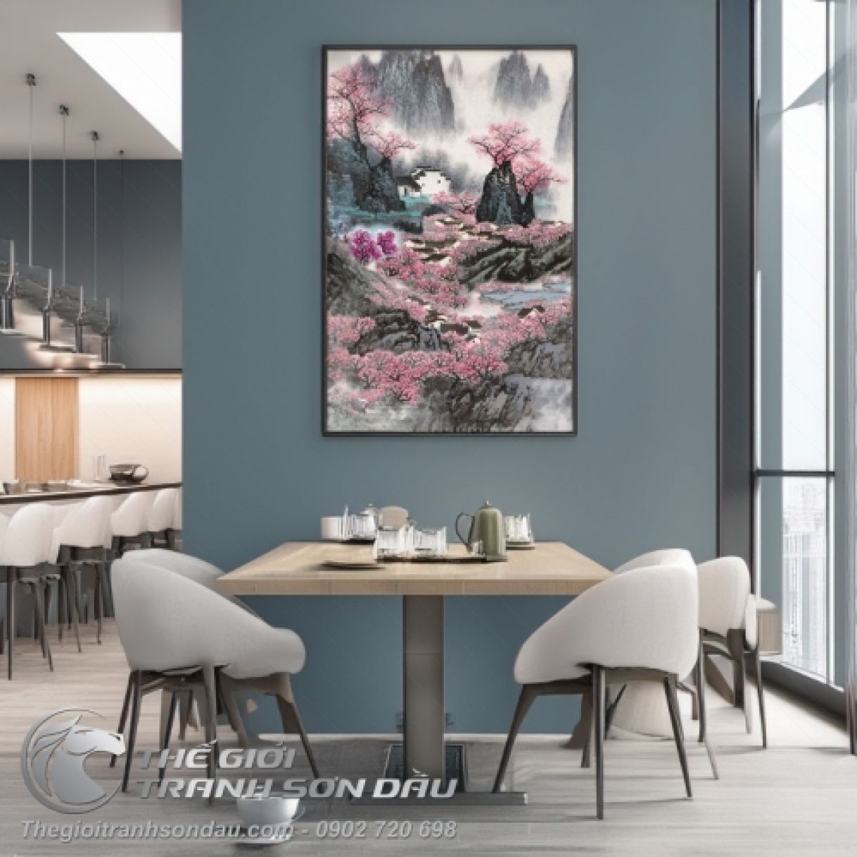 Tranh Sơn Dầu Thủy Mặc Sơn Thủy Mùa Xuân Đa Sắc 60x120cm 