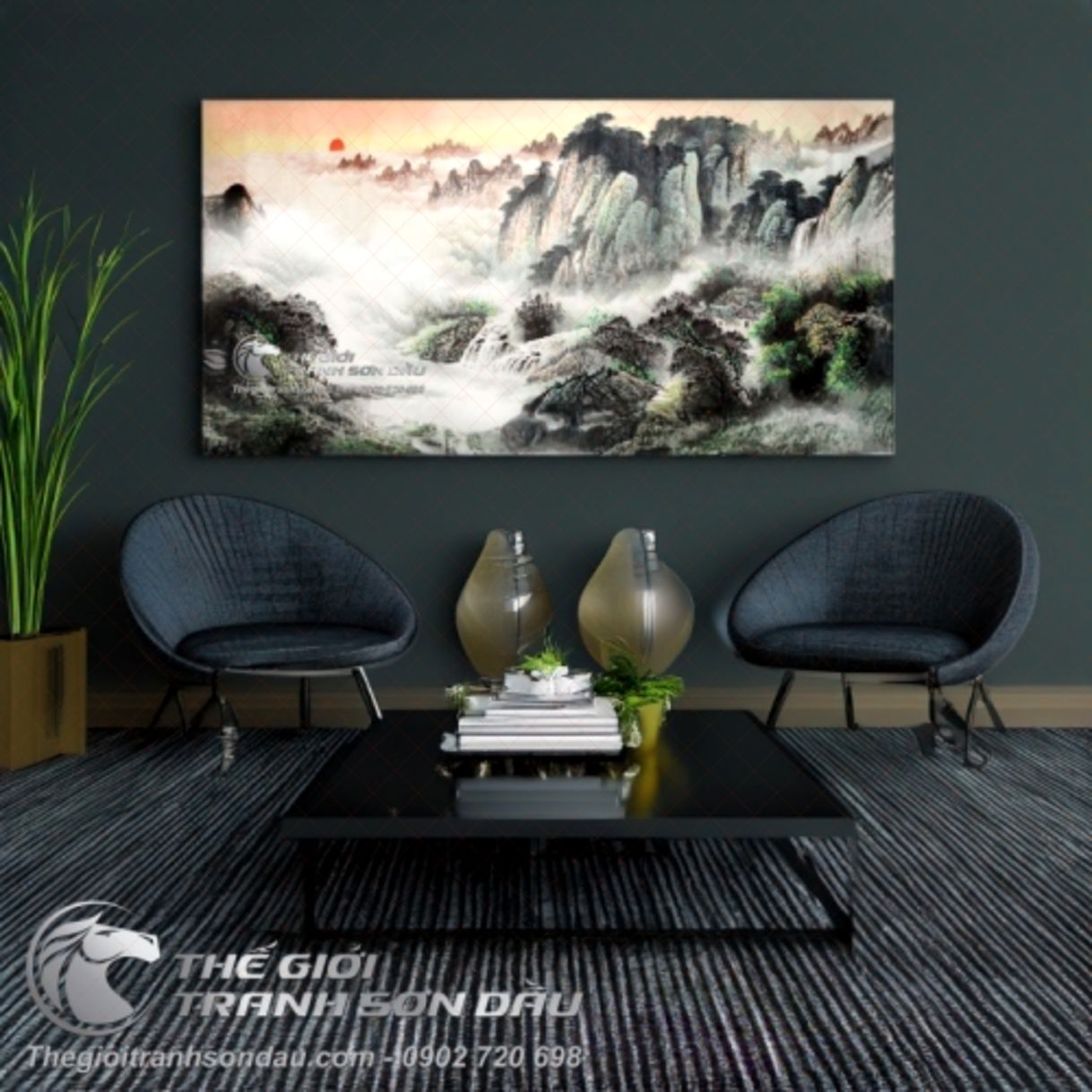 Tranh Thủy Mặc Vách Đá Bình Minh Sơn Dầu Kích Thước 60x120cm 