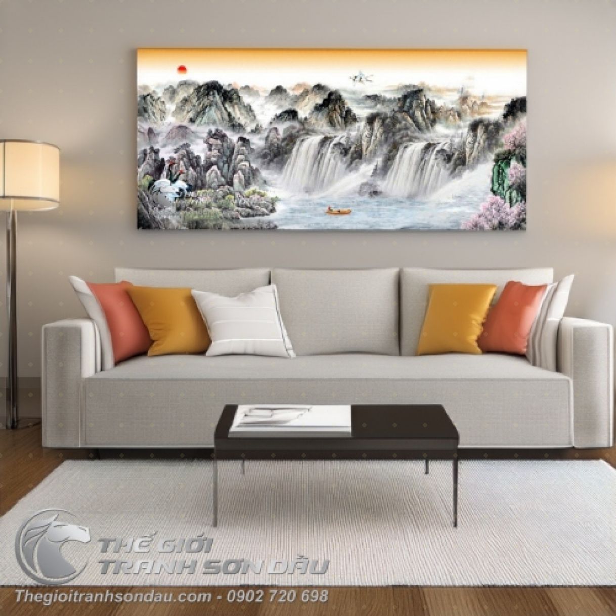 Tranh Sơn Dầu Thủy Mặc Sông Thác Hùng Vĩ 80x160cm 