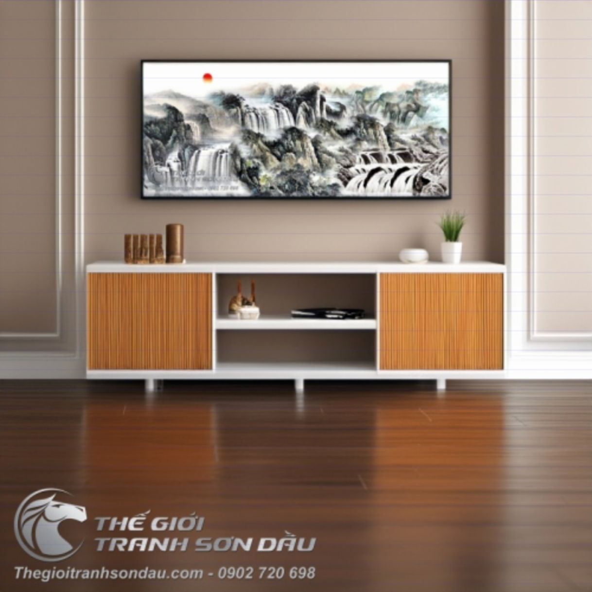 Tranh Thủy Mặc Cảnh Thác Nước Hoang Sơ Sơn Dầu 80x180cm 
