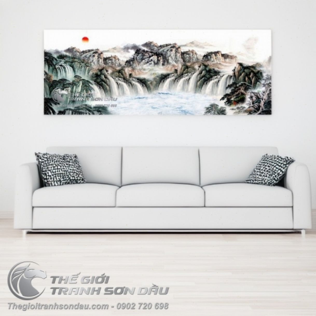 Tranh Thủy Mạc Thác Đổ Sương Bạc sơn dầu 80x180cm trang trí nhà 