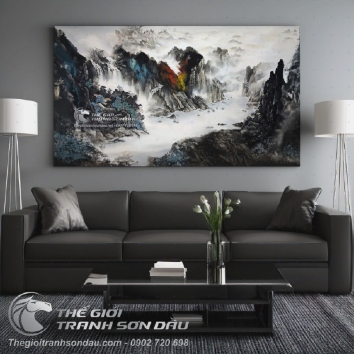 Tranh Sơn Dầu Thủy Mạc Núi Đá Sắc Màu 60x120cm Độc Quyền 