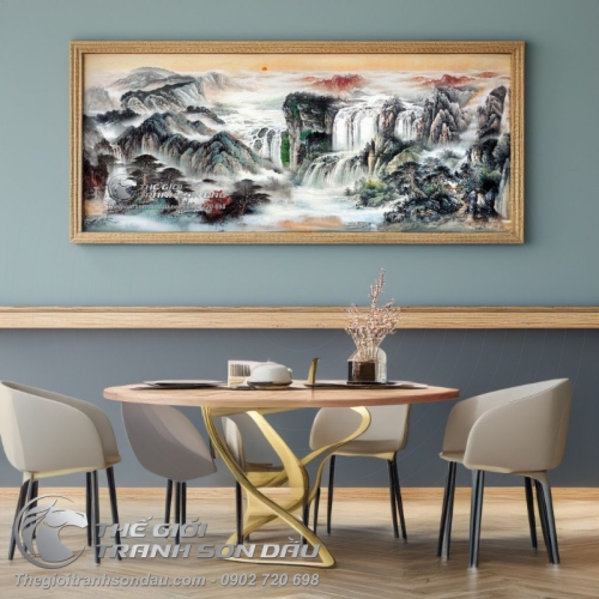 Tranh Sơn Dầu Thủy Mạc Thác Nước Hoang Sơ 60x120cm 