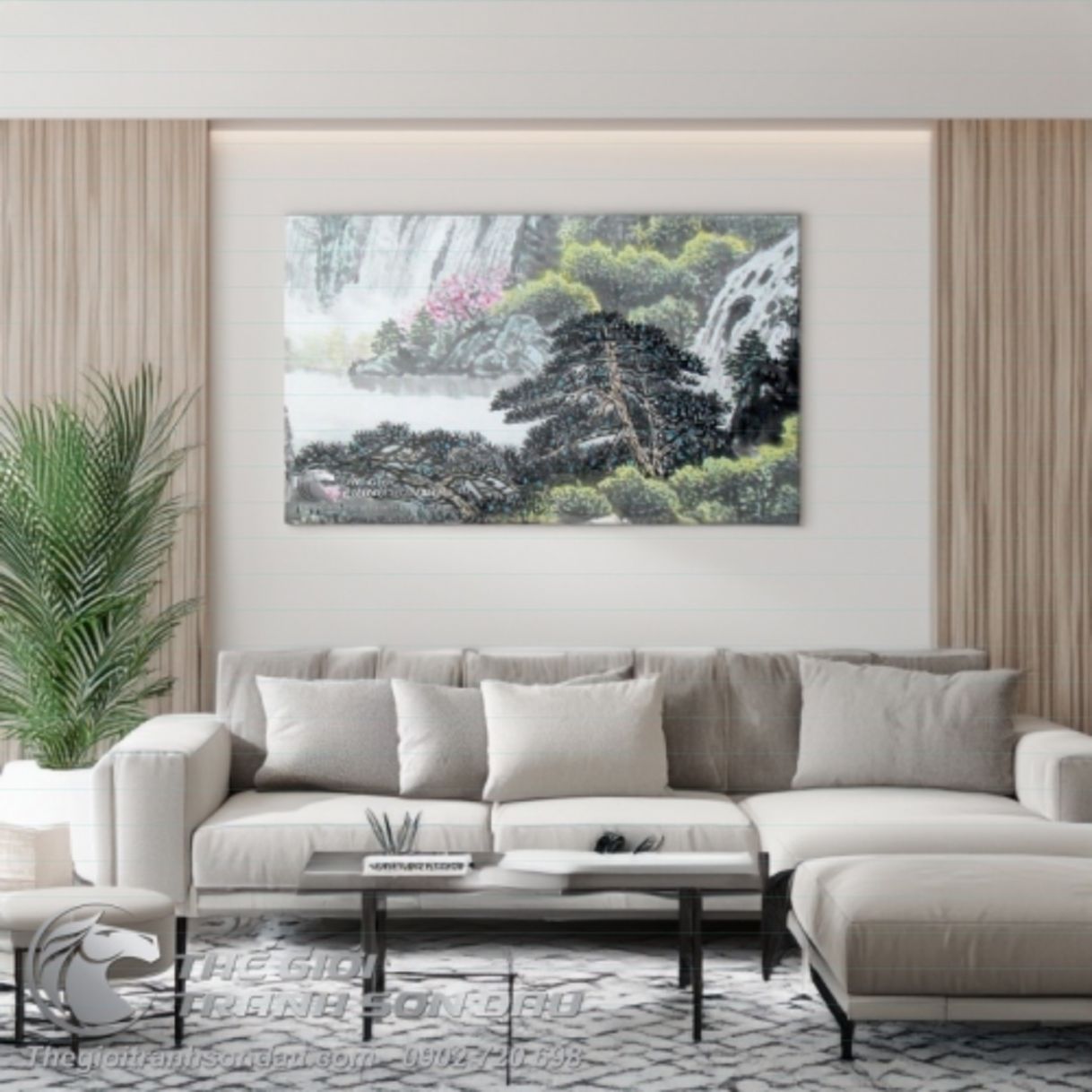 Tranh Sơn Dầu Thủy Mặc Góc Rừng Bên Thác Đổ 60x90cm Trang Trí 