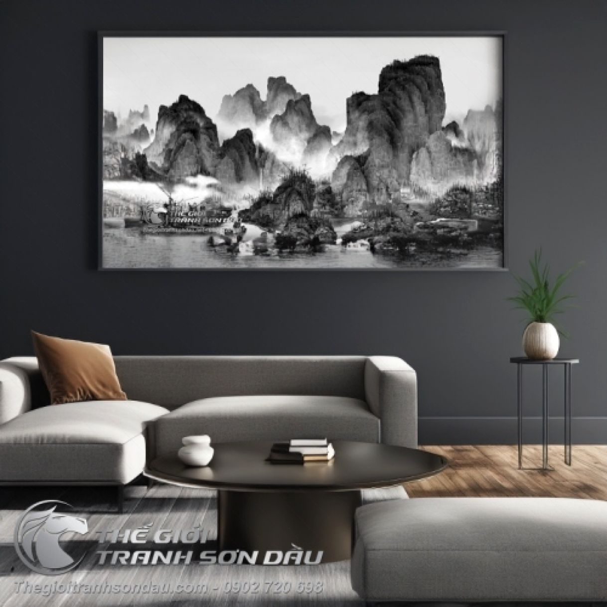 Tranh Thủy Mặc Đen Trắng Núi Cao Sông Nước Sơn Dầu 80x160cm 