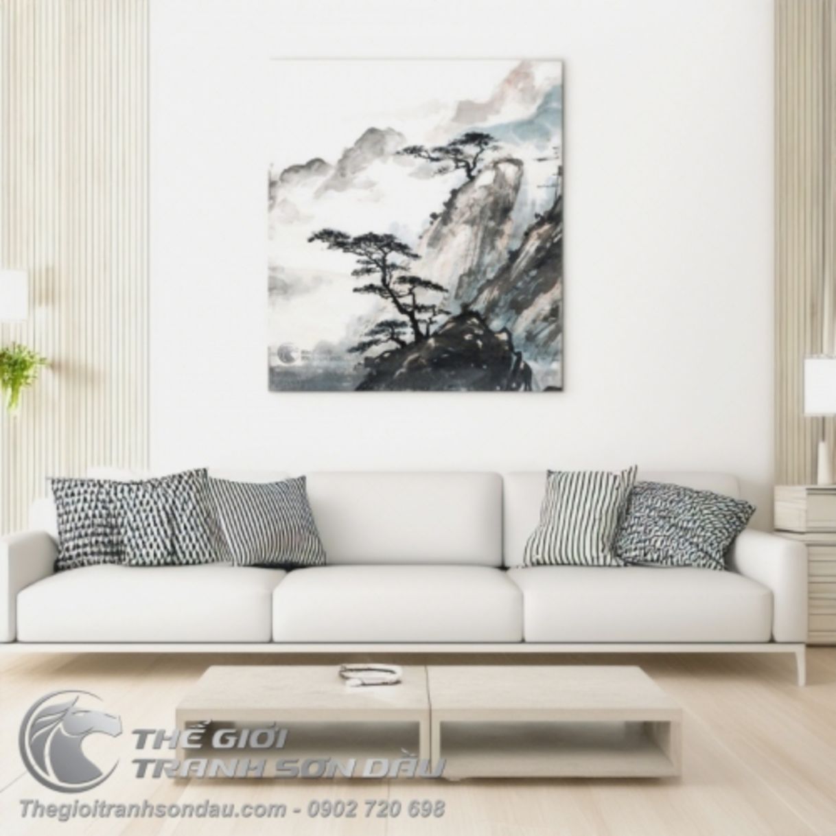 Tranh Thủy Mặc Cây Tùng Trên Đỉnh Núi Sơn Dầu Đa Sắc 80x80cm 