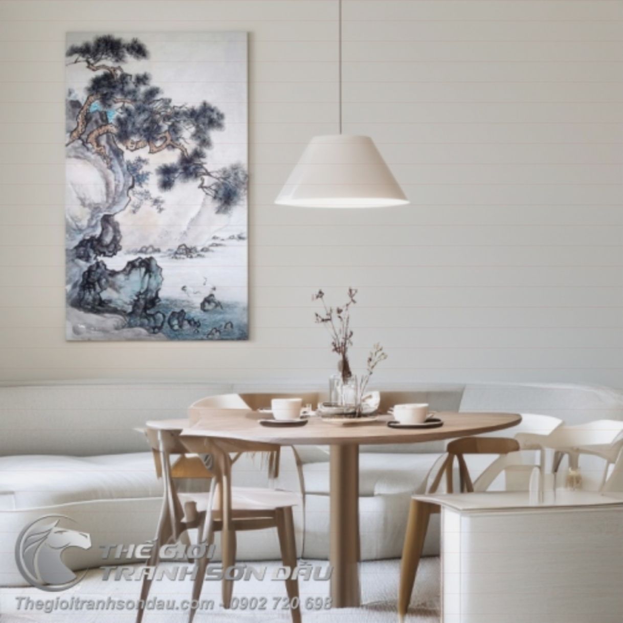 Tranh thủy mặc Cây Tùng bên vách đá sơn dầu 60x120cm 