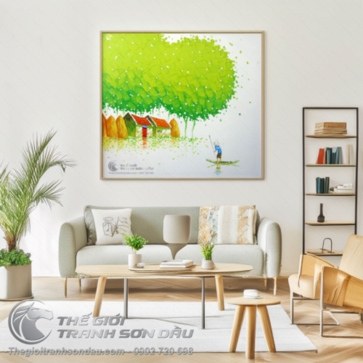 Tranh Vẽ Cô Lái Đò Và Cây Lá Xanh Sơn Dầu Đa Màu 50x50cm 