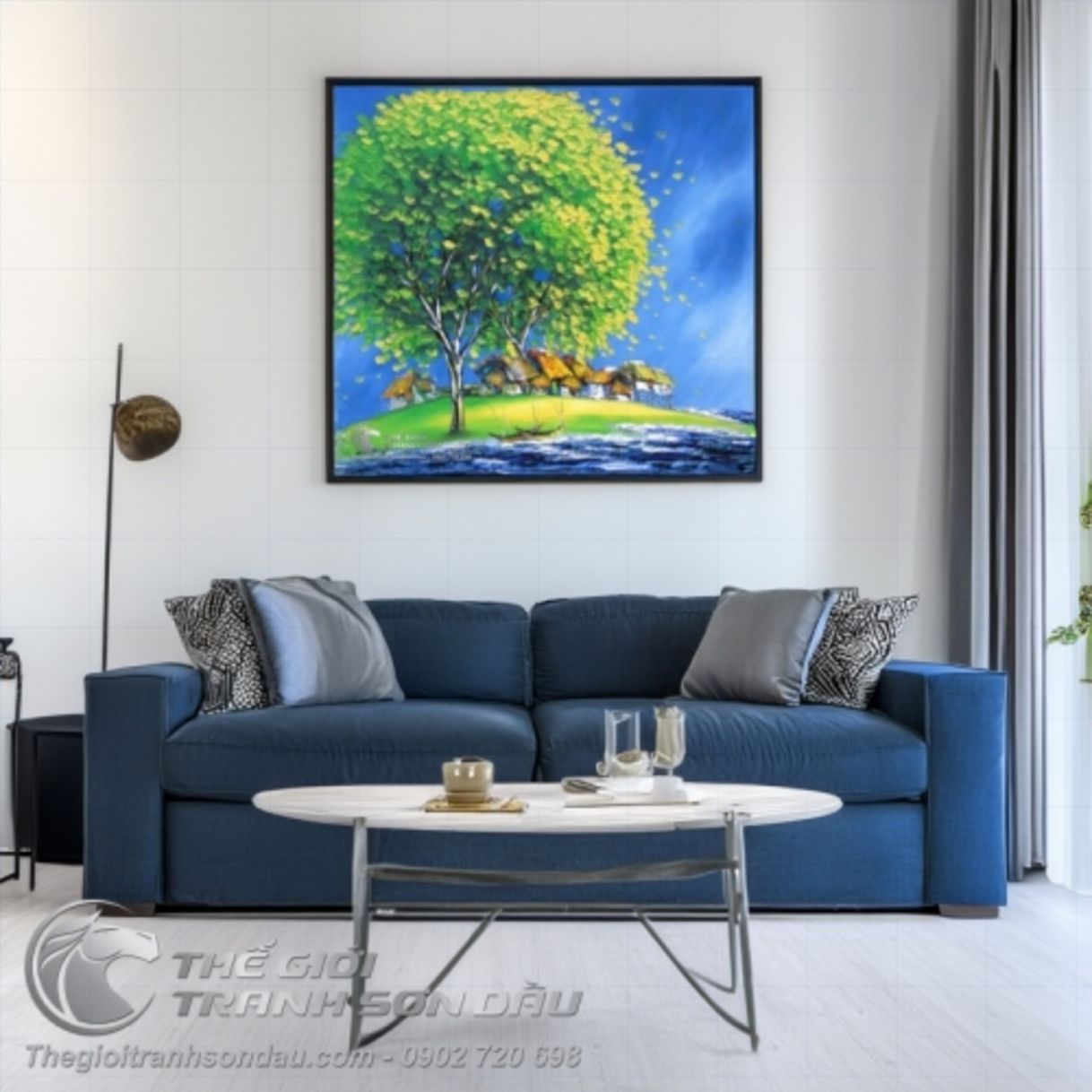 Tranh cây xanh lá thưa bầu trời xanh sơn dầu tươi sáng 