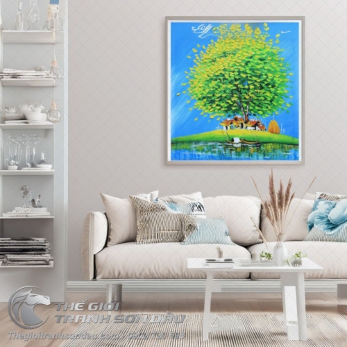 Tranh Sơn Dầu Phong Cảnh Cây Đắp Nổi Màu Xanh 60x60cm 