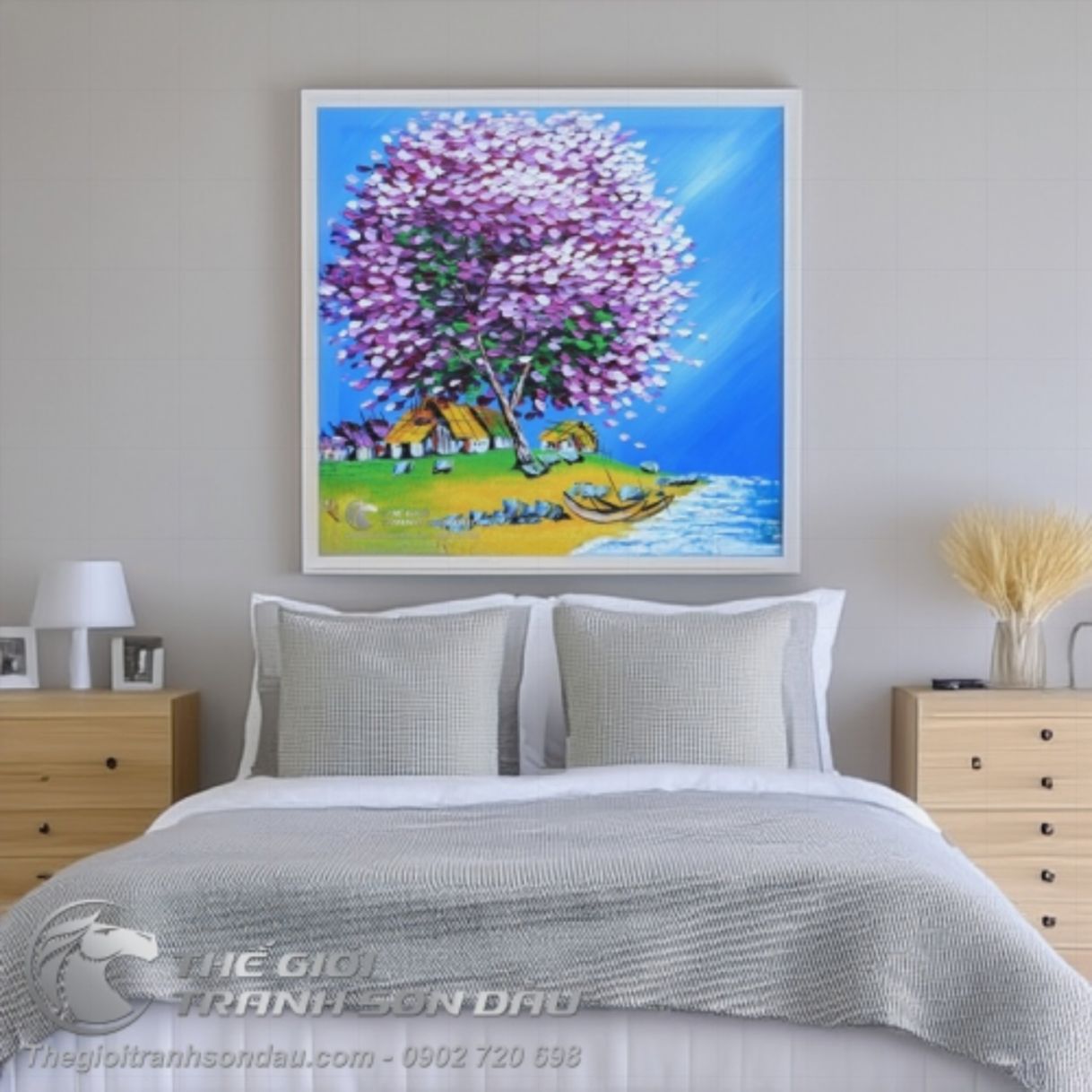 Tranh Sơn Dầu Phong Cảnh Cây Đắp Nổi Màu Tím Đẹp 60x60cm 