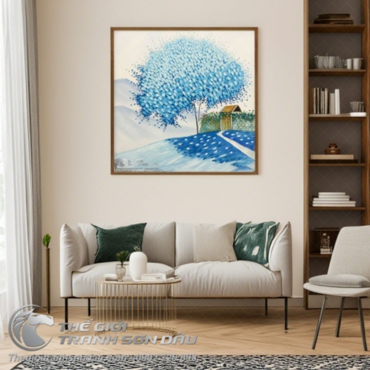 Tranh Phố Hoa Cây Xanh Dương Sơn Dầu 60x60cm 
