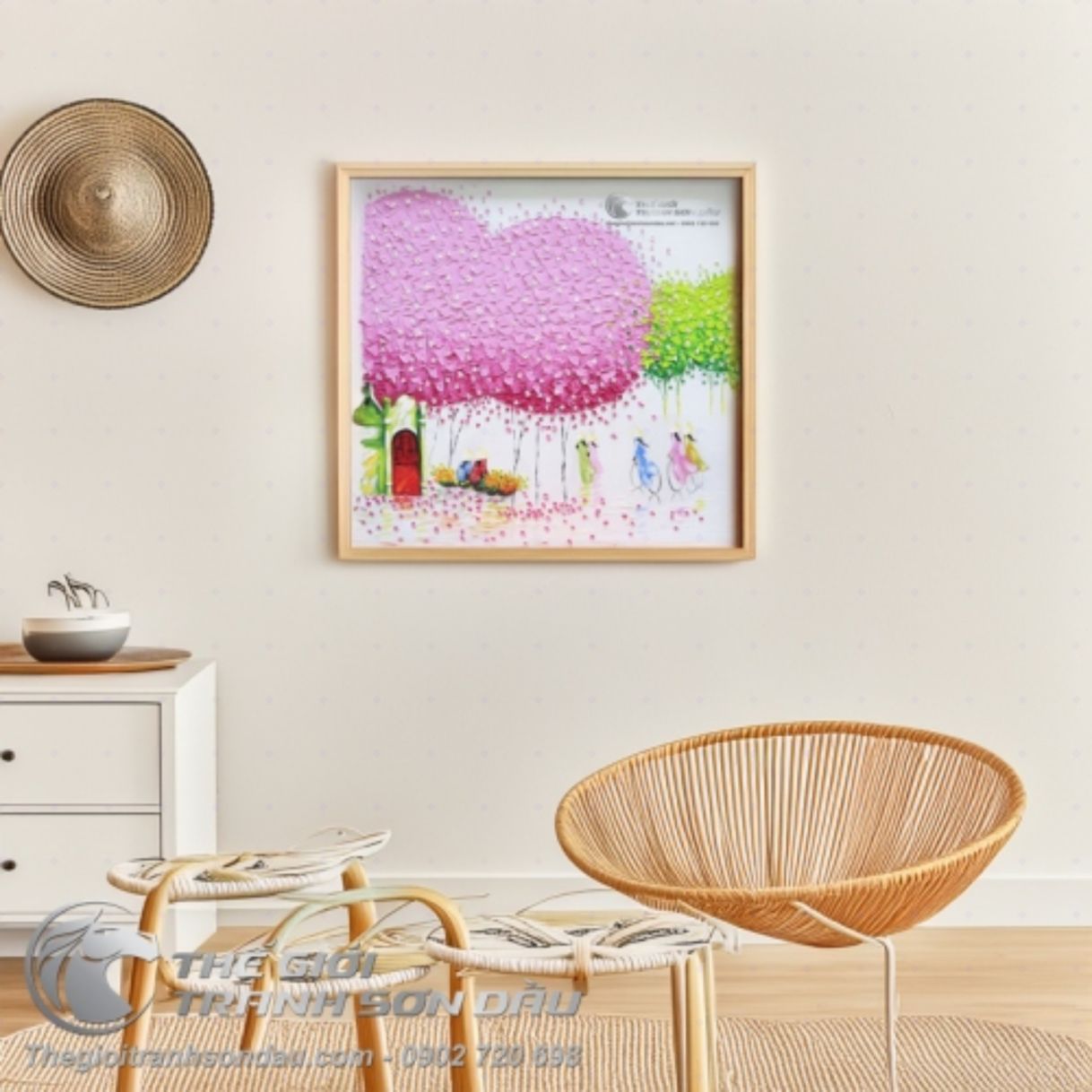 Tranh Sơn Dầu Phố Trát Bay Màu Hồng 50x50cm Tinh Tế 