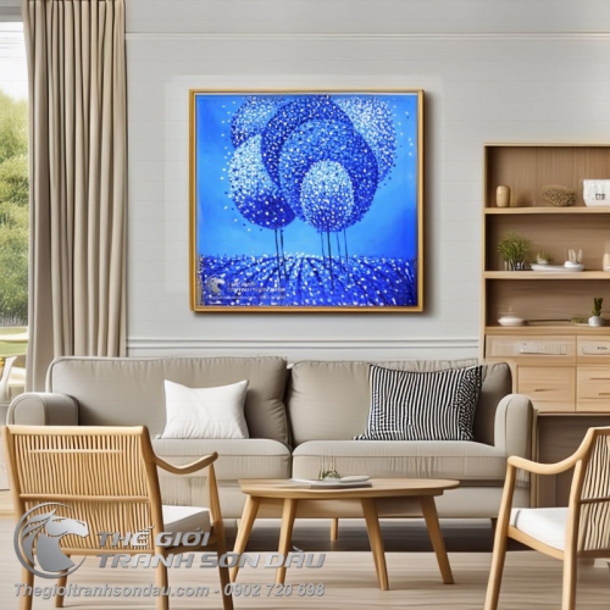Tranh Sơn Dầu Phố Hiện Đại Xanh Dương 60x60cm Sang Trọng 