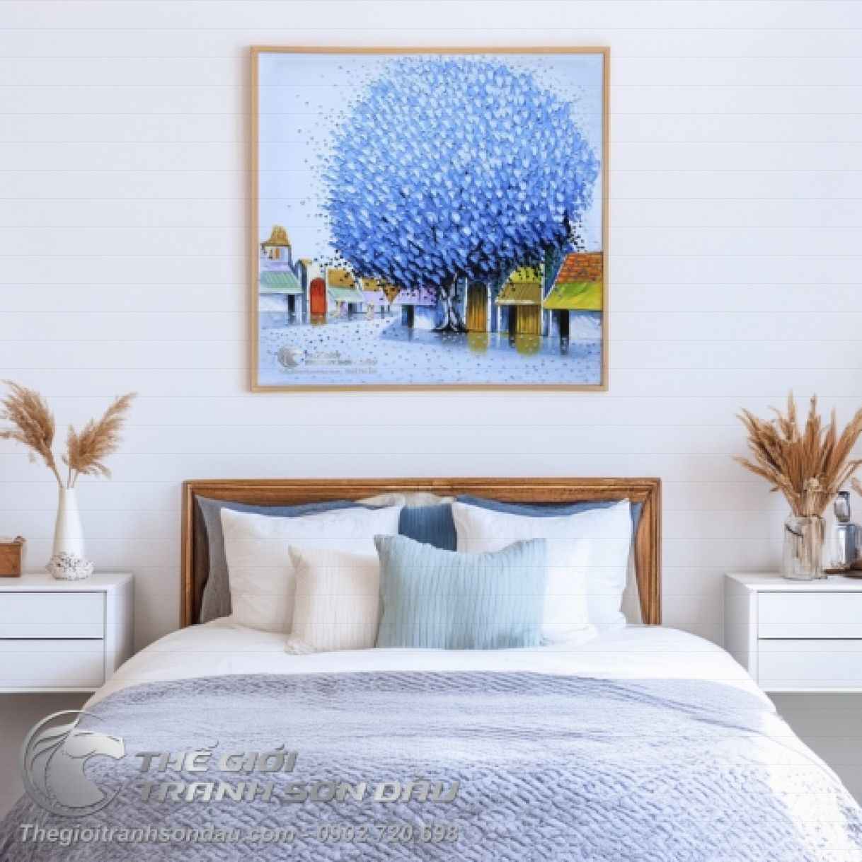 Tranh Sơn Dầu Dày Màu Phong Cảnh Việt Nam Cây Xanh Dương Tinh Tế 