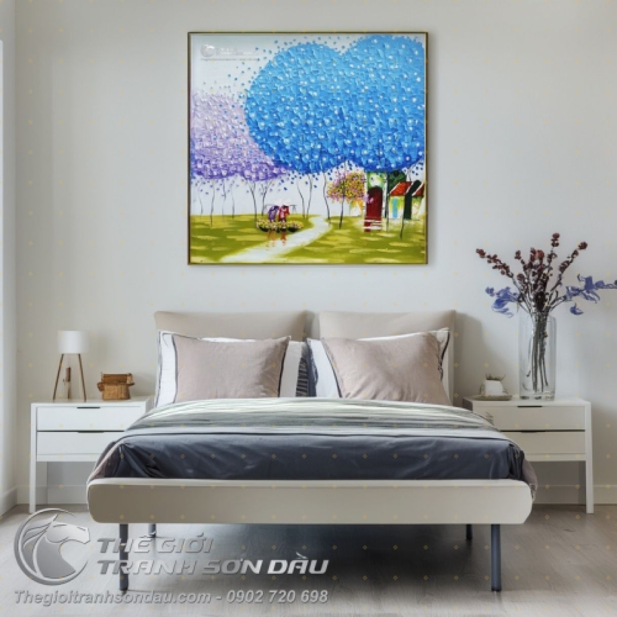 Tranh Sơn Dầu Phong Cảnh Cây Xanh Trang Trí Văn Phòng 60x60cm 