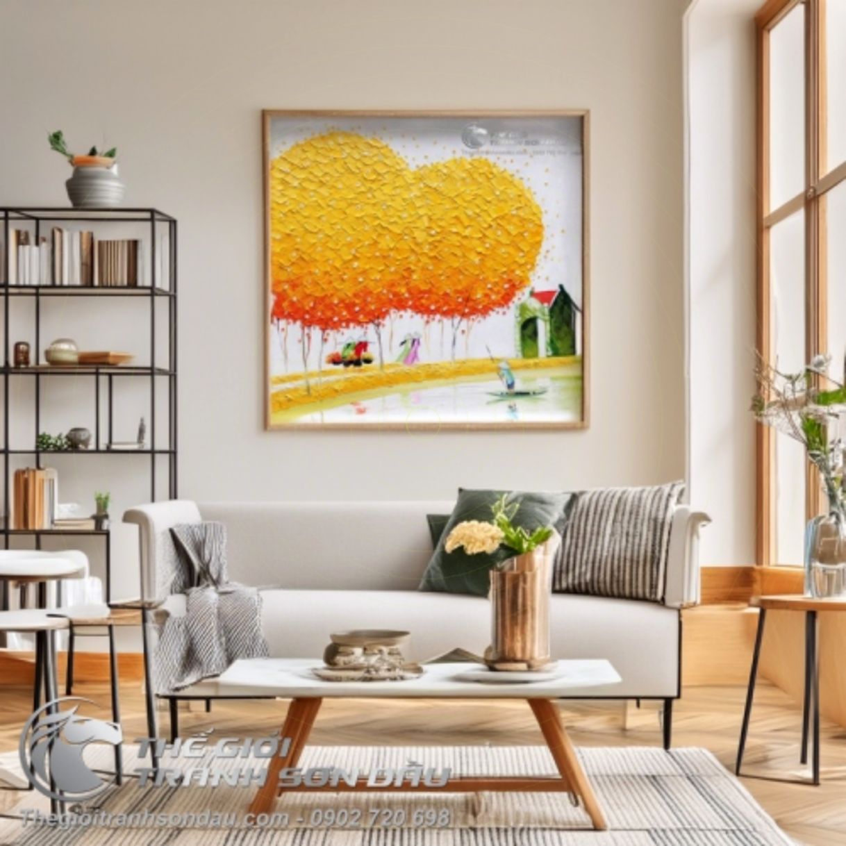 Tranh Sơn Dầu Phố Cây Màu Vàng Lãng Mạn 50x50cm Đa Sắc 