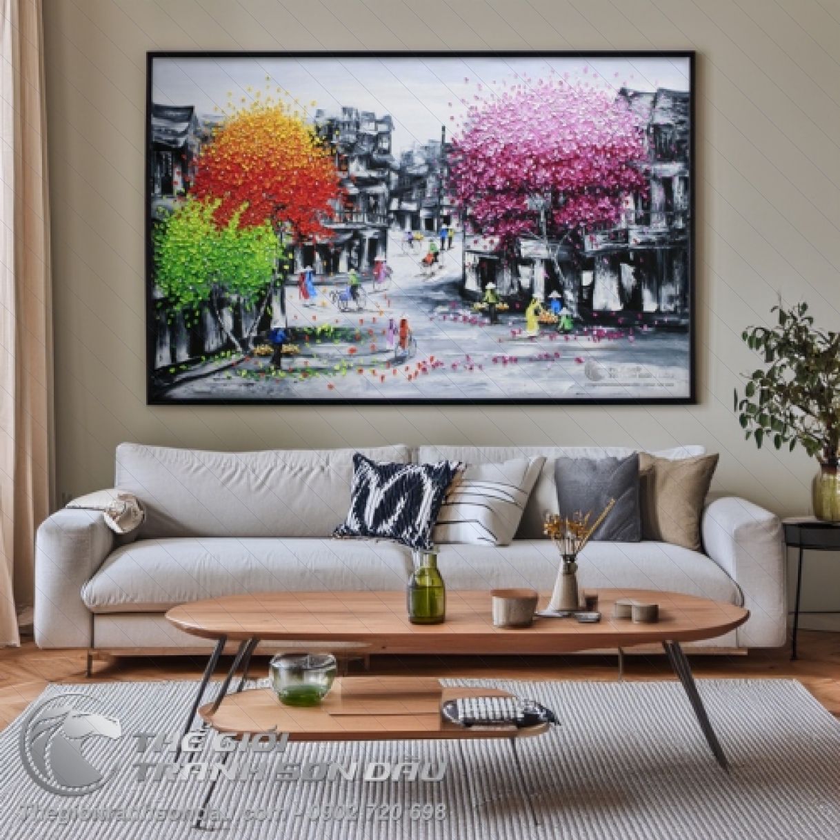 Tranh Sơn Dầu Phố Cổ Trắng Đen Cây Trát Màu Sắc 100x160cm 