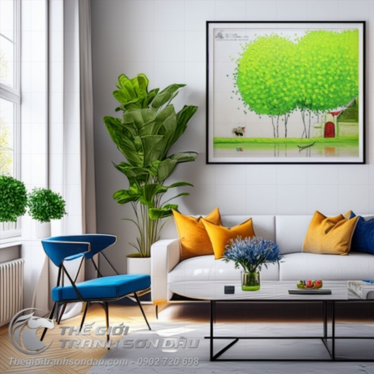 Tranh Sơn Dầu Phong Cảnh Phố Hiện Đại Màu Xanh Sống Động 50x50cm 