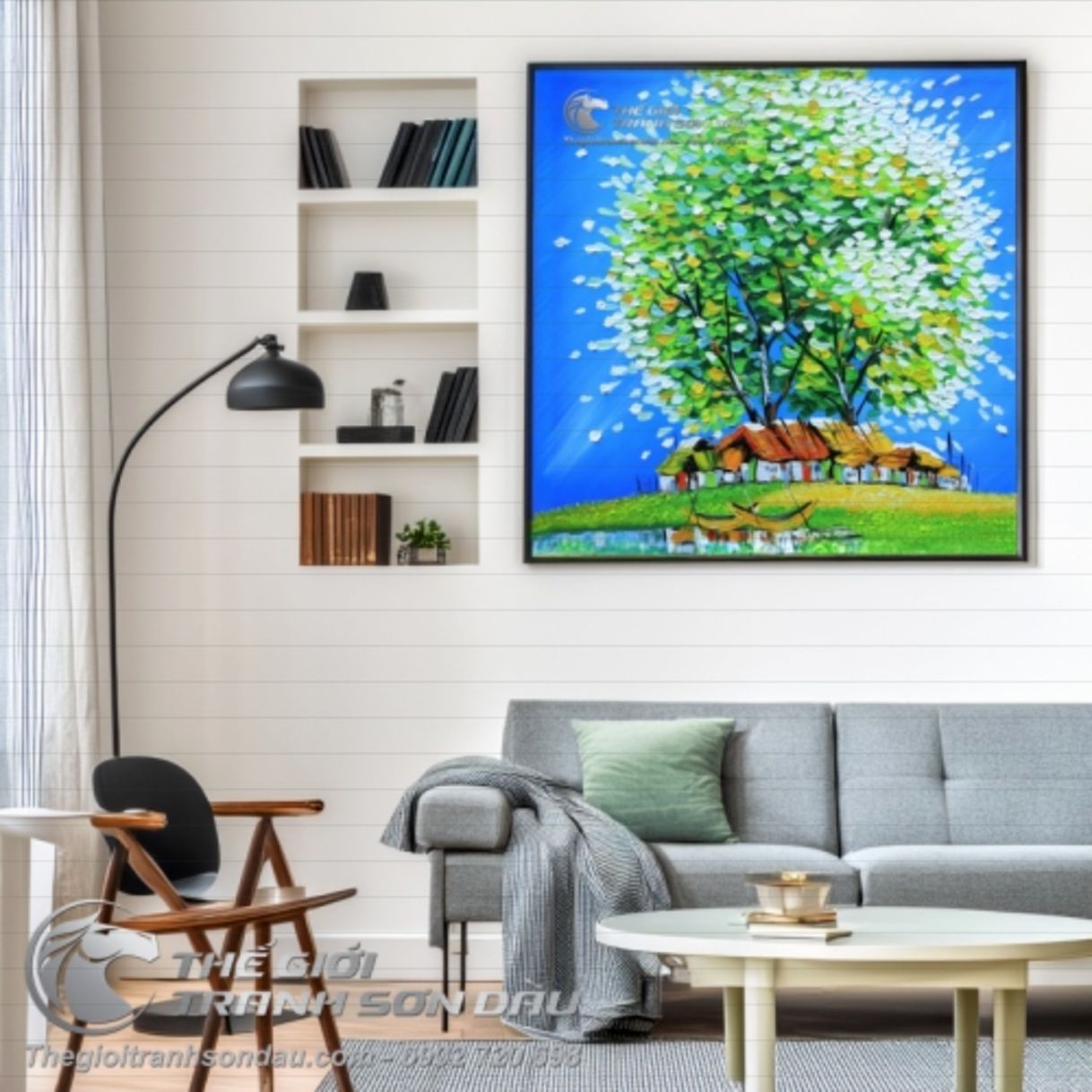 Tranh Sơn Dầu Phong Cảnh Cây Xanh Lá Vẽ Dày Hiện Đại Đa sắc 60x60cm 