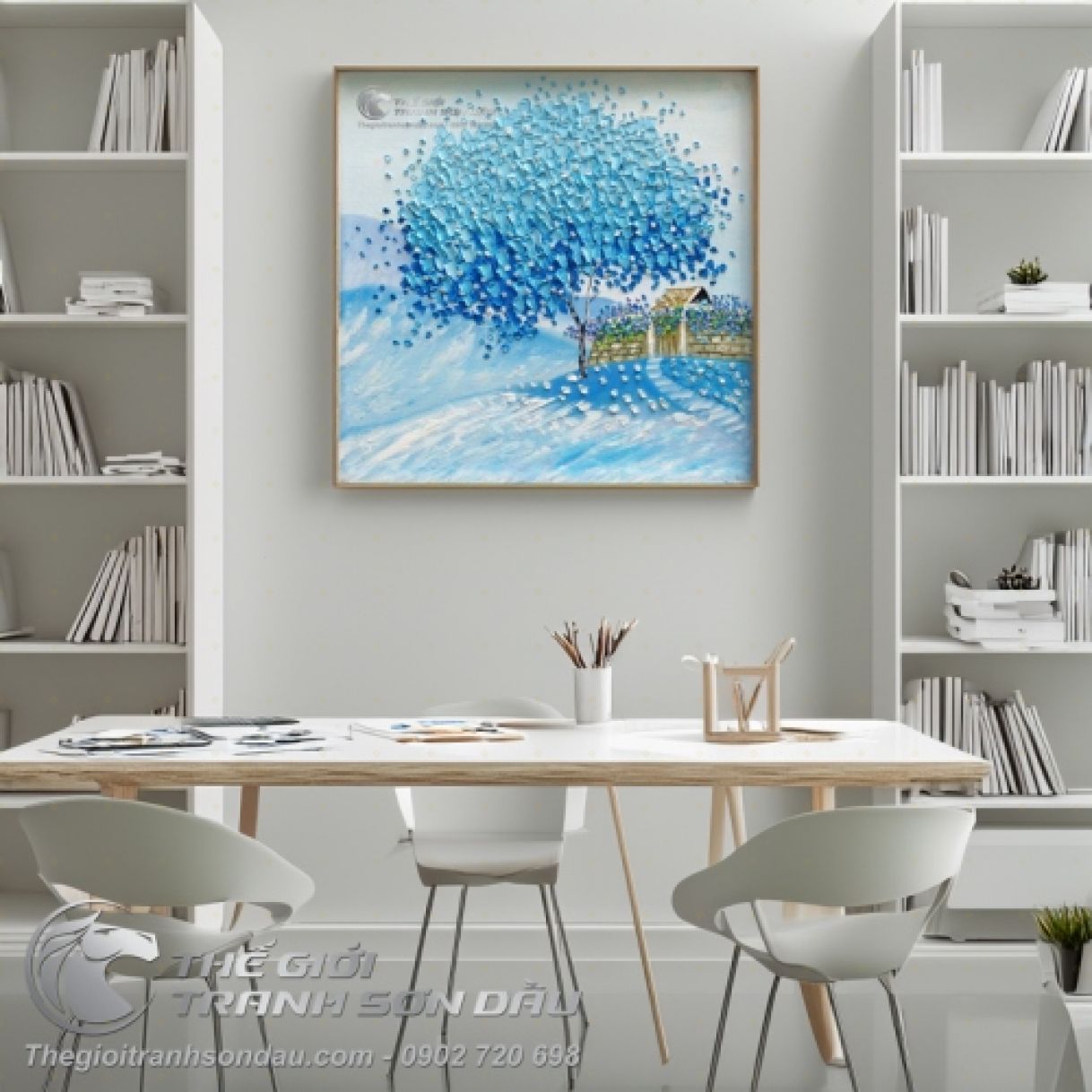Tranh Sơn Dầu Phố Cây Màu Xanh Trời 60x60cm đa sắc màu đẹp mắt 